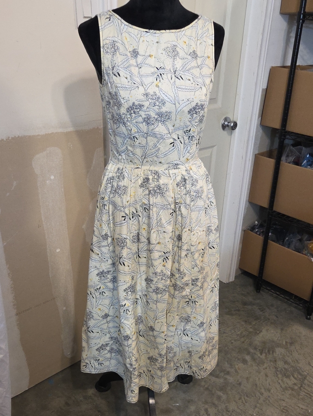 eShakti Sleeveless Floral Midi A Line Dress Cream Blue Pockets Cotton Summer